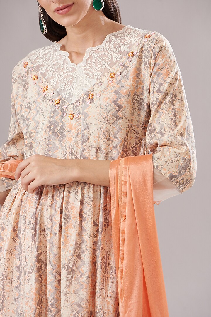 Coral Muslin Printed & Embroidered Anarkali Set by Shruti Goyal at Pernia's Pop Up Shop
