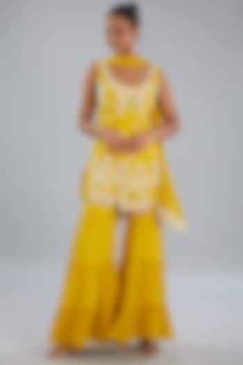 Mustard Georgette Layered Sharara Set by Shruti Goyal at Pernia's Pop Up Shop