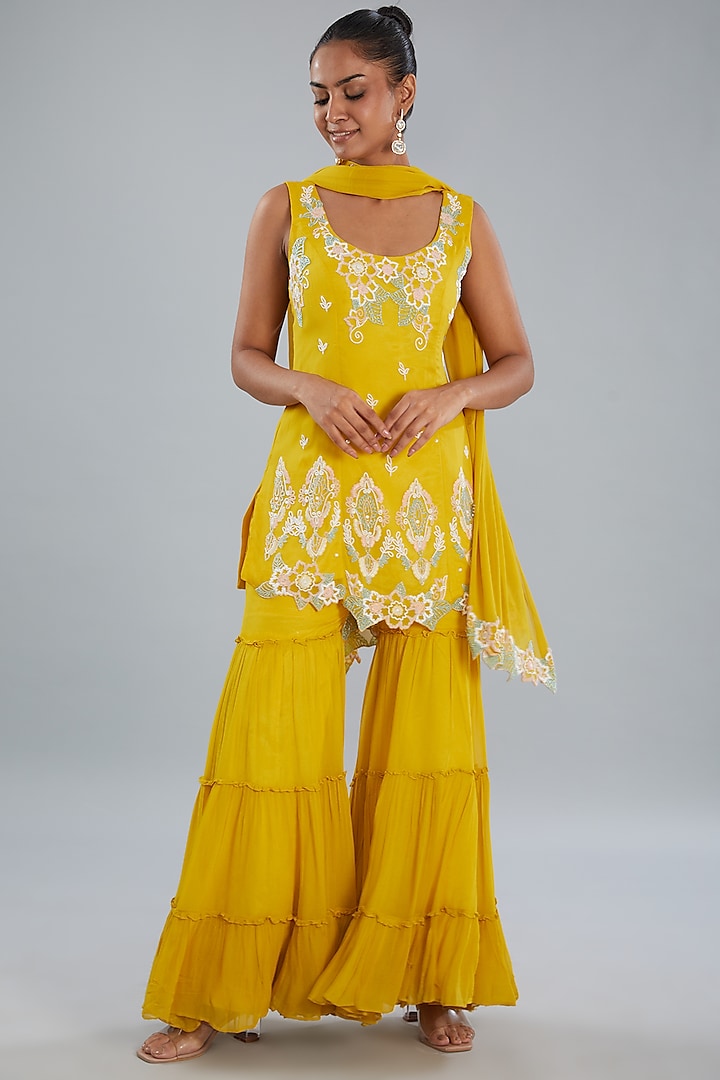 Mustard Georgette Layered Sharara Set by Shruti Goyal at Pernia's Pop Up Shop