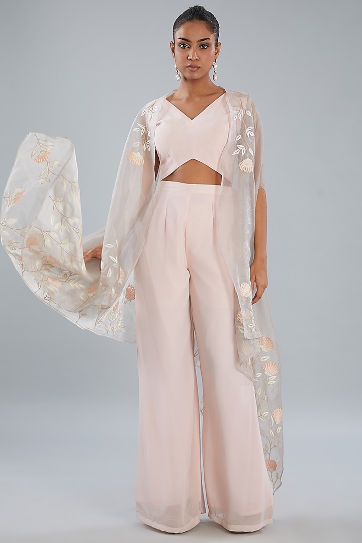 Blush Pink Organza & Georgette Hand Embroidered Cape Set by Shruti Goyal at Pernia's Pop Up Shop