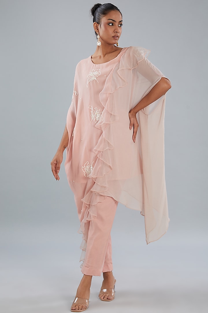 Blush Pink Georgette Frilled Kaftan Set by Shruti Goyal at Pernia's Pop Up Shop