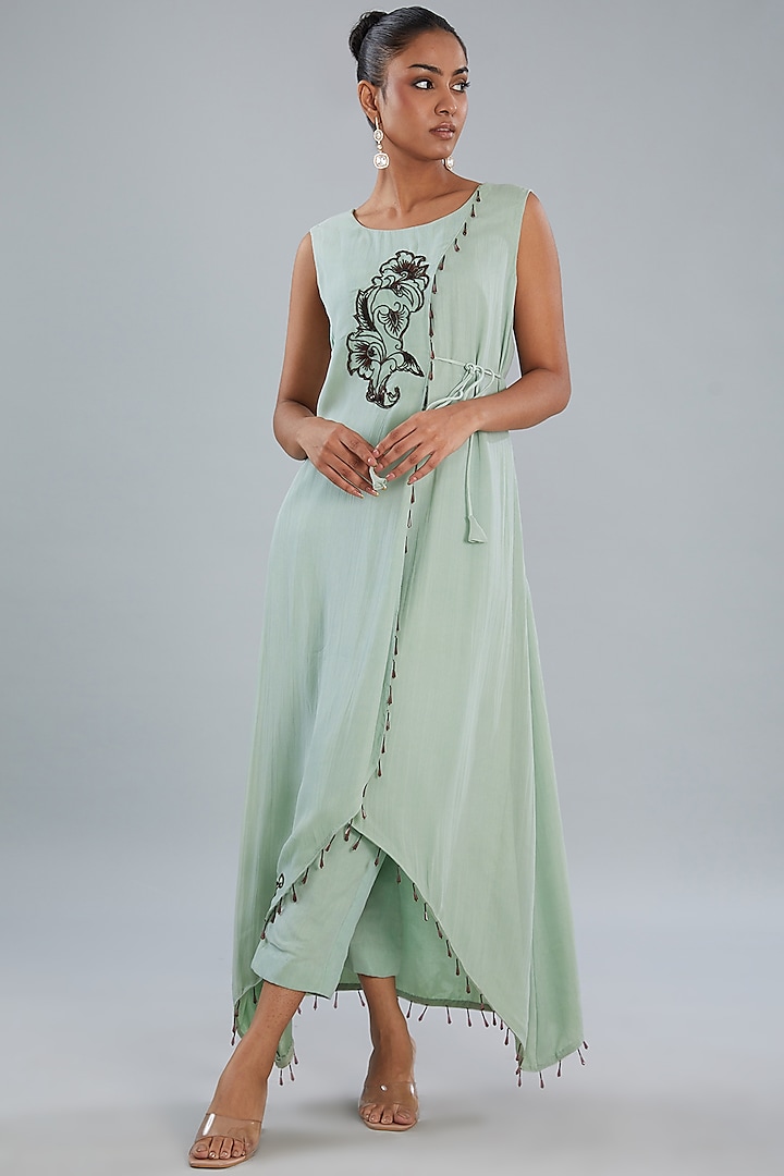 Pista Green Georgette Hand Embroidered High-Low Angrakha Kurta Set by Shruti Goyal at Pernia's Pop Up Shop