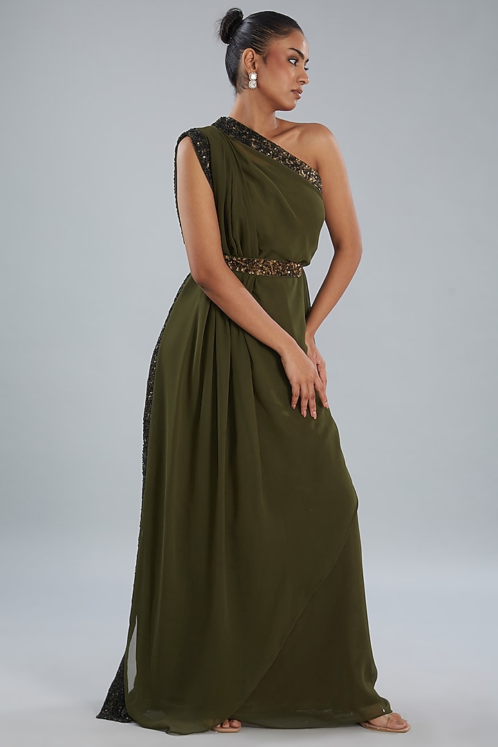 Olive Green Georgette Hand Embroidered One-Shoulder Draped Dress by Shruti Goyal