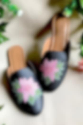 Black Vegan Leather Embroidered Mules by Sole House at Pernia's Pop Up Shop