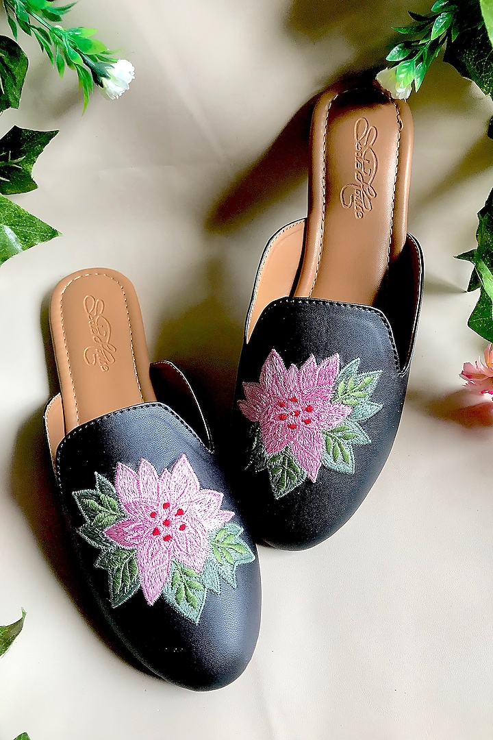 Black Vegan Leather Embroidered Mules by Sole House at Pernia's Pop Up Shop