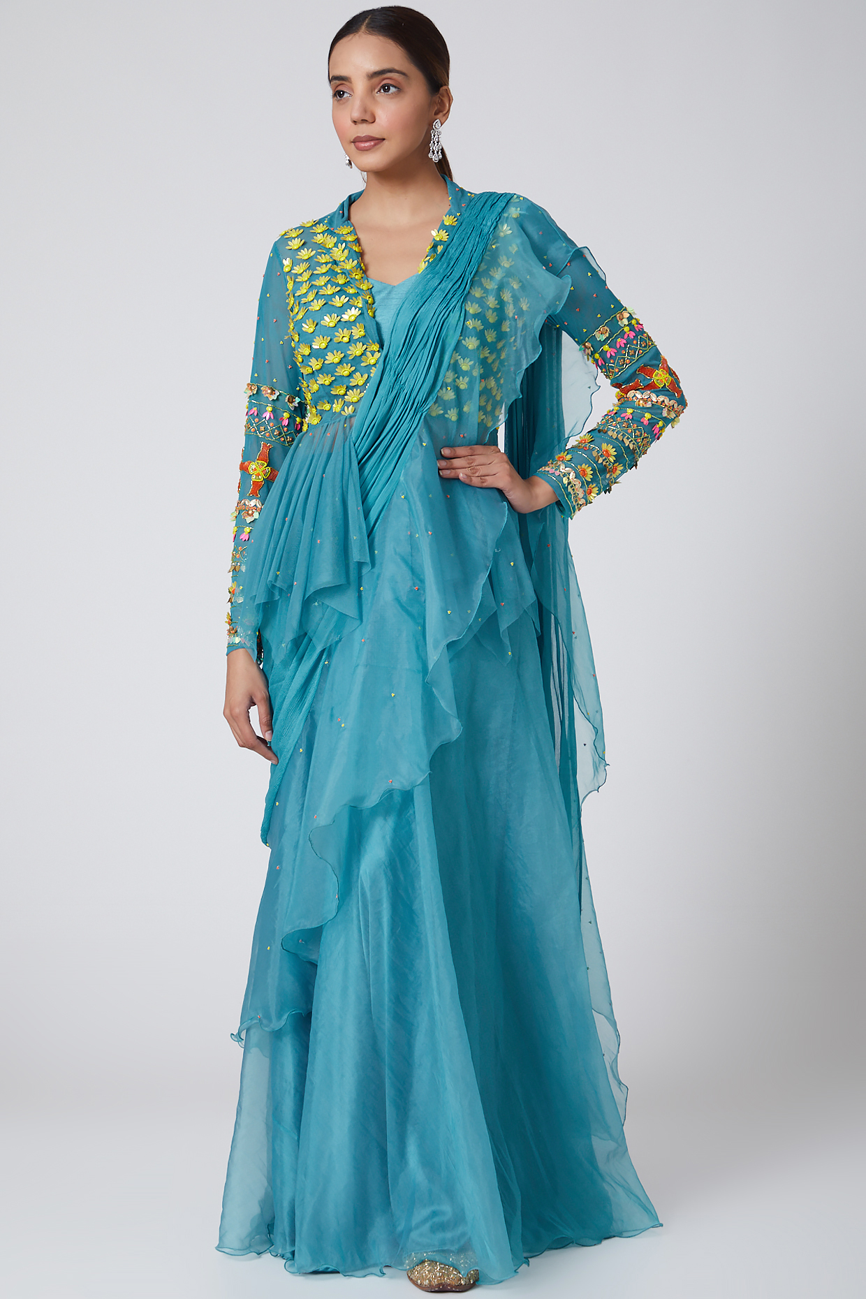 Cobalt Blue Chiffon Embroidered Draped Wedding Saree Set by Show Shaa at Pernia's Pop Up Shop
