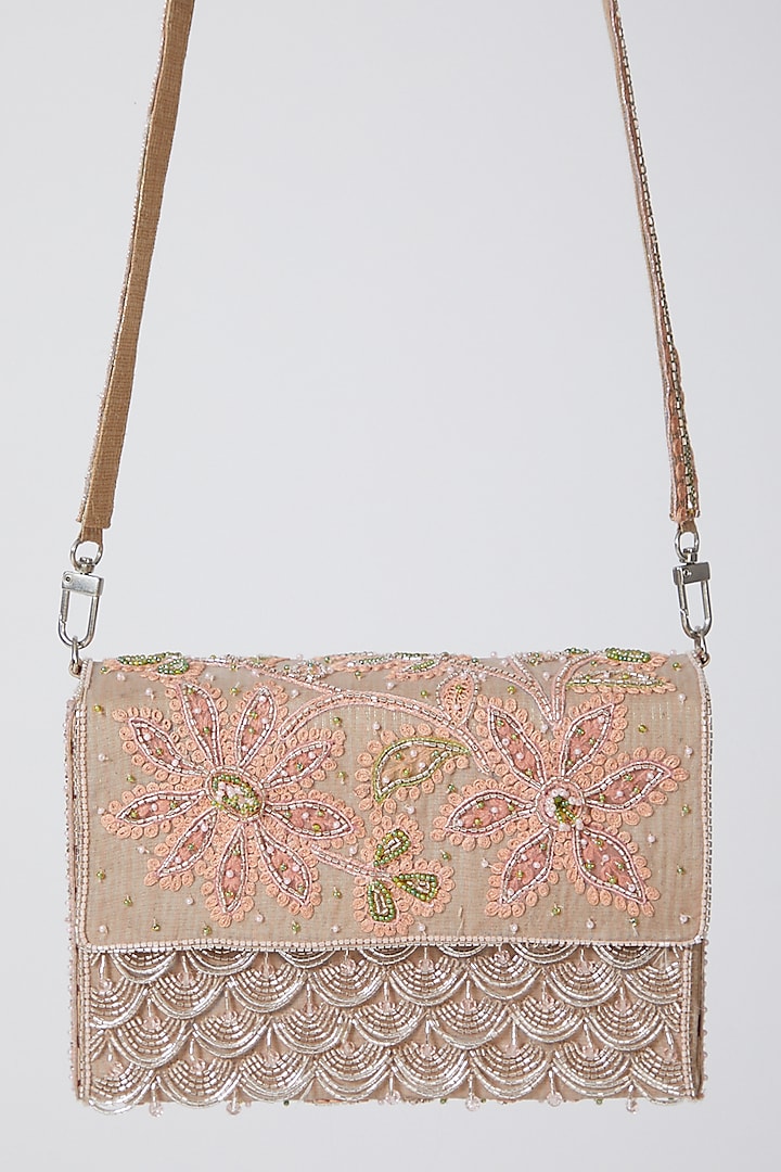Peach Hand Embroidered Clutch by Show Shaa