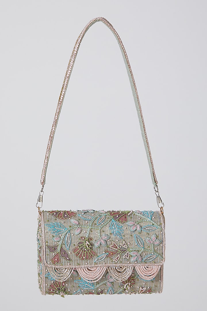 Mint Green Floral Embroidered Clutch by Show Shaa