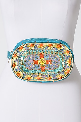 Cobalt Blue Hand Embroidered Waist Pouch by Show Shaa