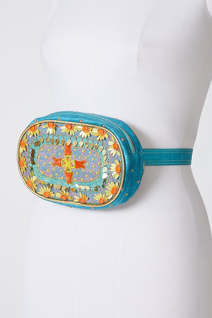 Cobalt Blue Hand Embroidered Waist Pouch by Show Shaa at Pernia's Pop Up Shop