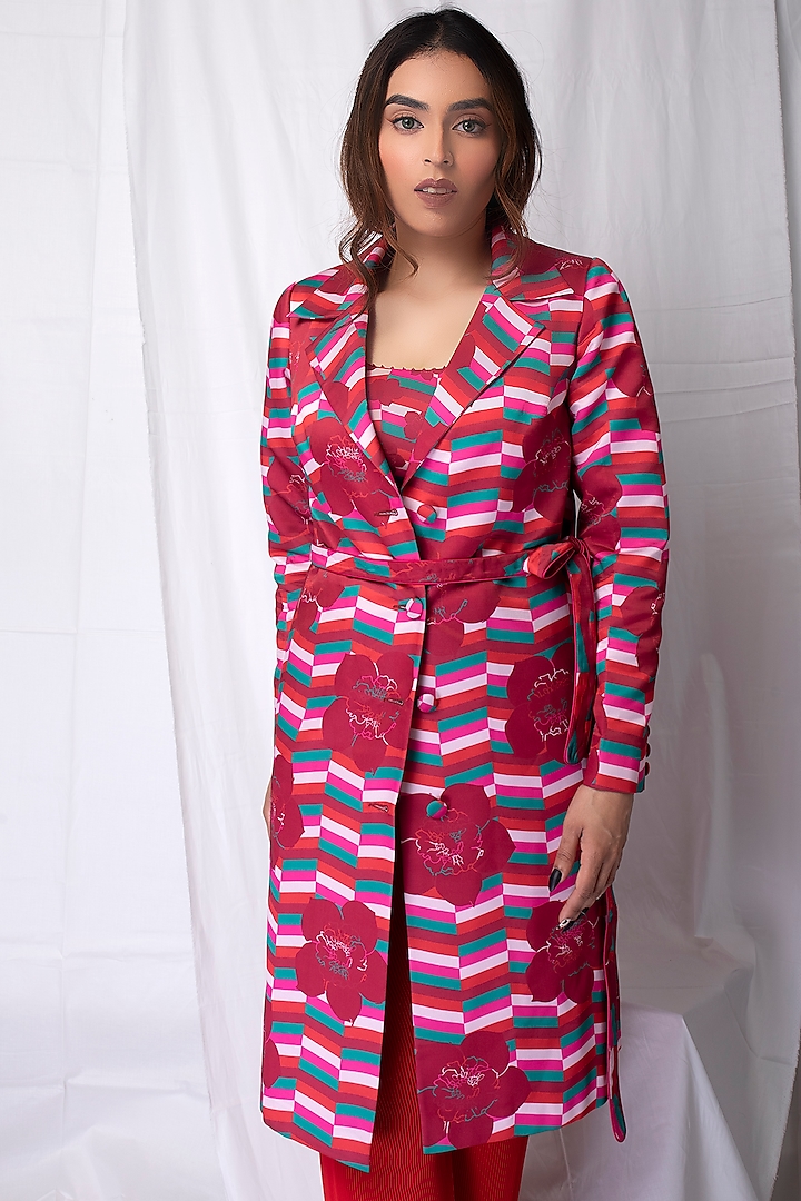 Ruby Red Printed Trench Coat by Show Shaa