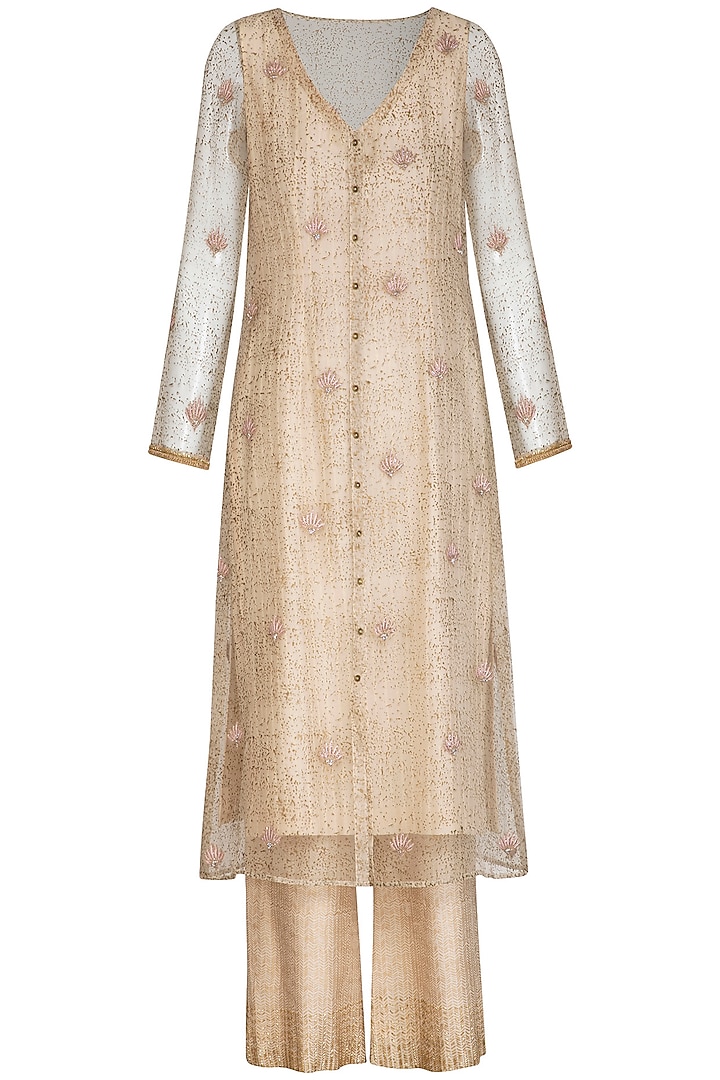 Ivory Block Printed & Embroidered Tunic With Palazzo Pants  by Show Shaa