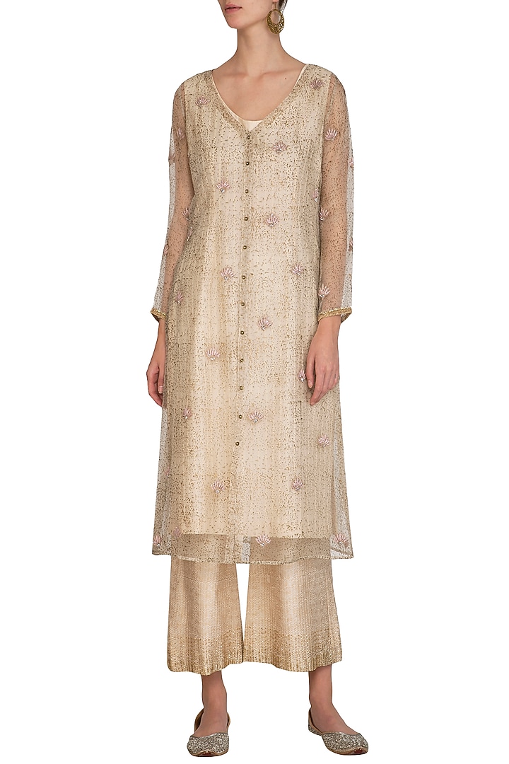 Ivory Block Printed & Embroidered Tunic With Palazzo Pants by Show Shaa at Pernia's Pop Up Shop