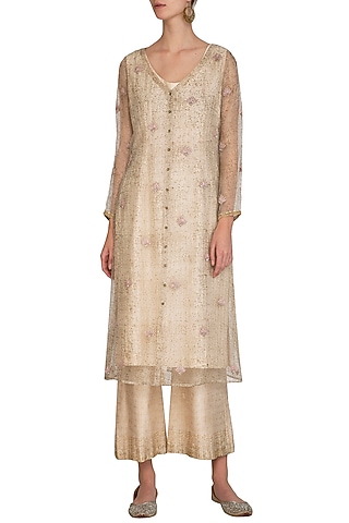 Ivory Block Printed & Embroidered Tunic With Palazzo Pants  by Show Shaa