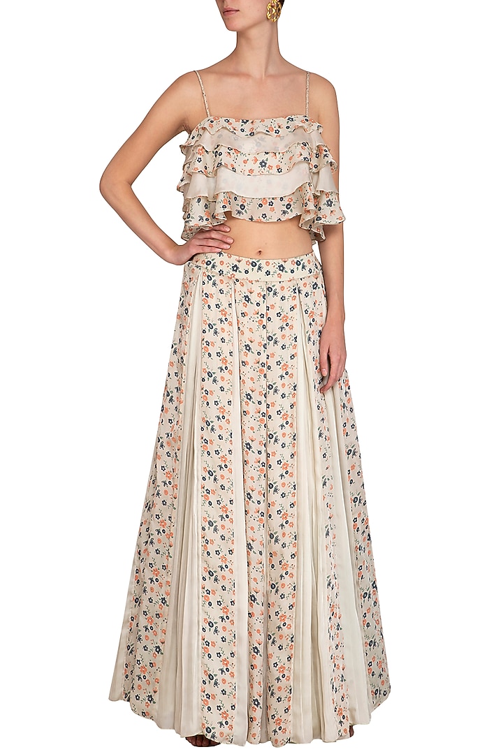 Sandstone Block Printed Spaghetti Blouse With Pleated Skirt by Show Shaa at Pernia's Pop Up Shop