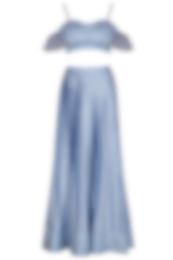 Blue Checkered Embroidered Crop Top With Printed Pleated Skirt by Show Shaa
