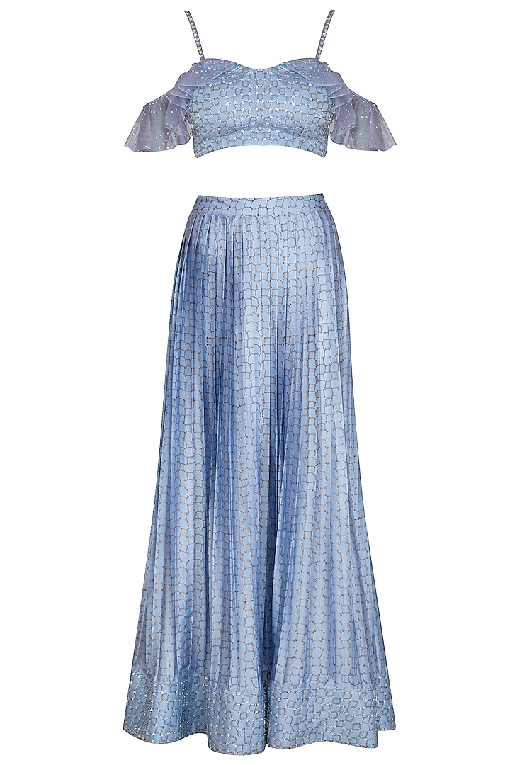 Blue Checkered Embroidered Crop Top With Printed Pleated Skirt by Show Shaa
