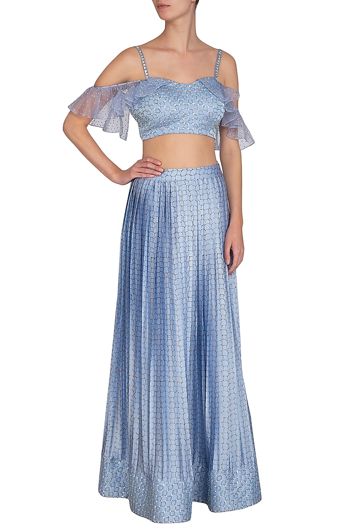 Blue Checkered Embroidered Crop Top With Printed Pleated Skirt by Show Shaa at Pernia's Pop Up Shop