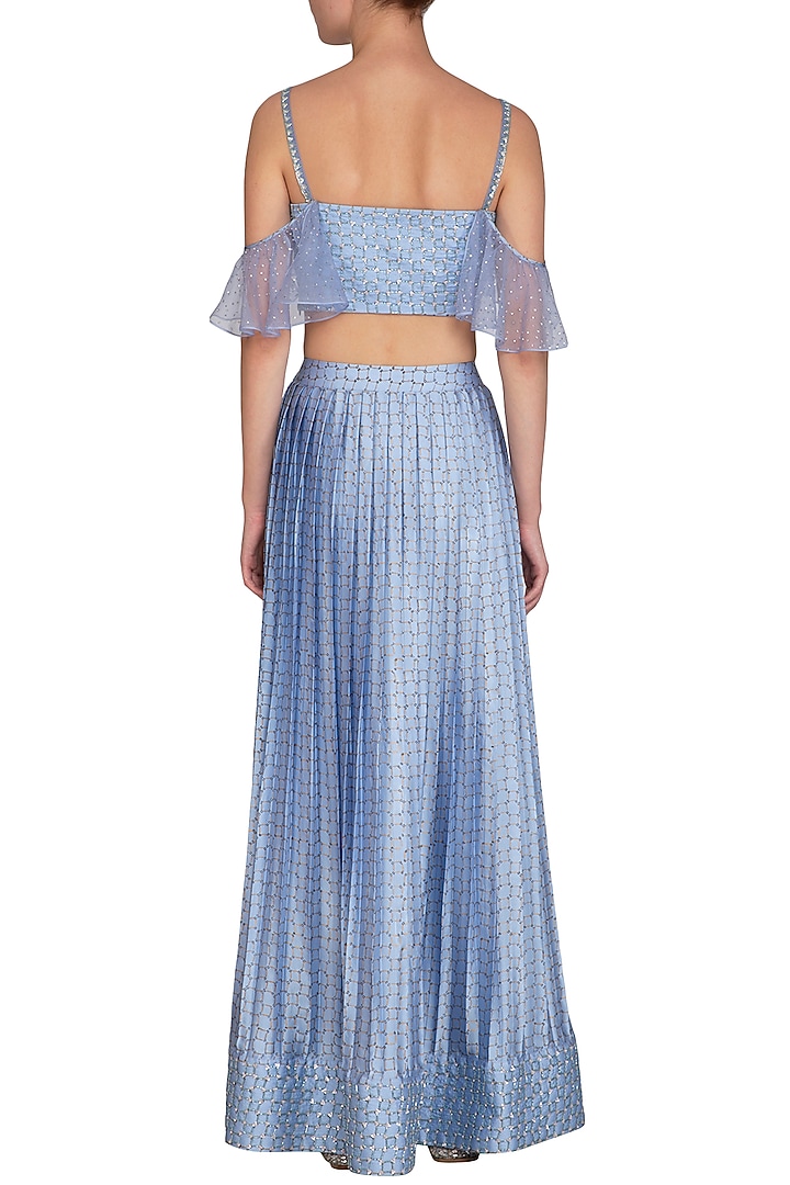 Blue Checkered Embroidered Crop Top With Printed Pleated Skirt by Show Shaa at Pernia's Pop Up Shop