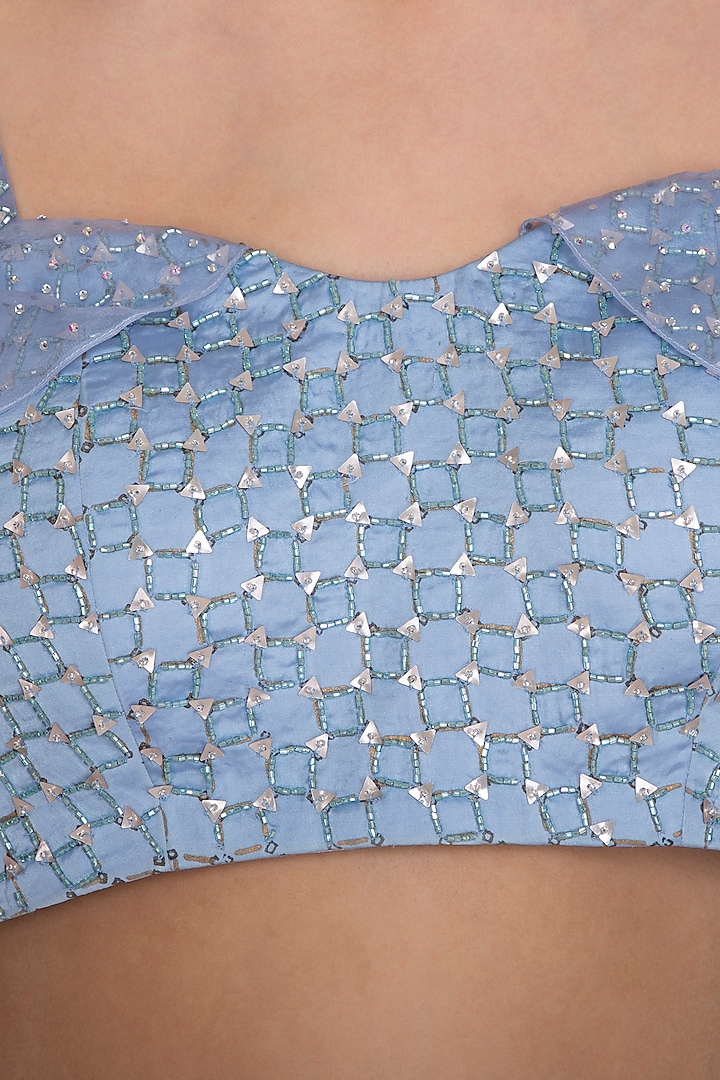 Blue Checkered Embroidered Crop Top With Printed Pleated Skirt by Show Shaa at Pernia's Pop Up Shop
