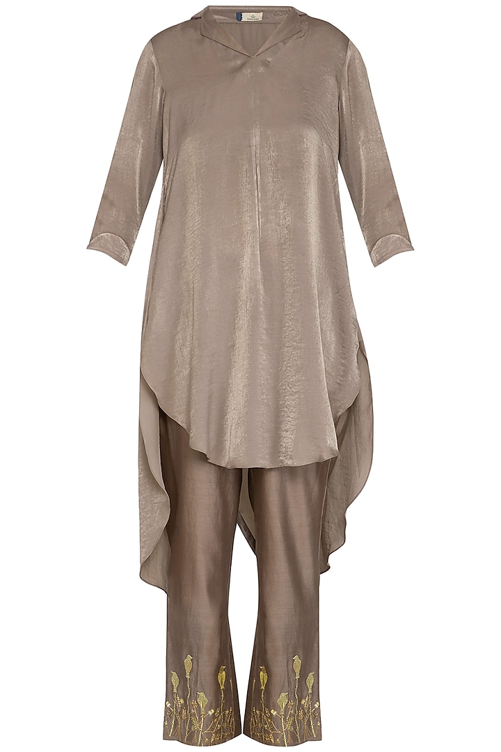 Mocha Brown Embroidered Pleated Tunic With Straight Pants  by Show Shaa