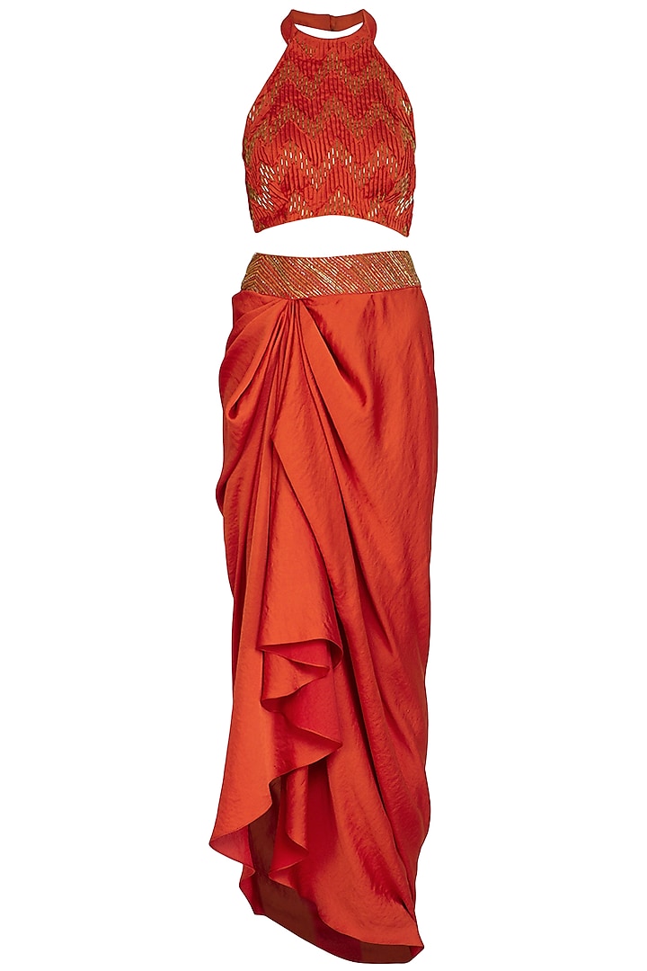 Tangerine Orange Embroidered Crop Top With Drape Skirt & Belt by Show Shaa