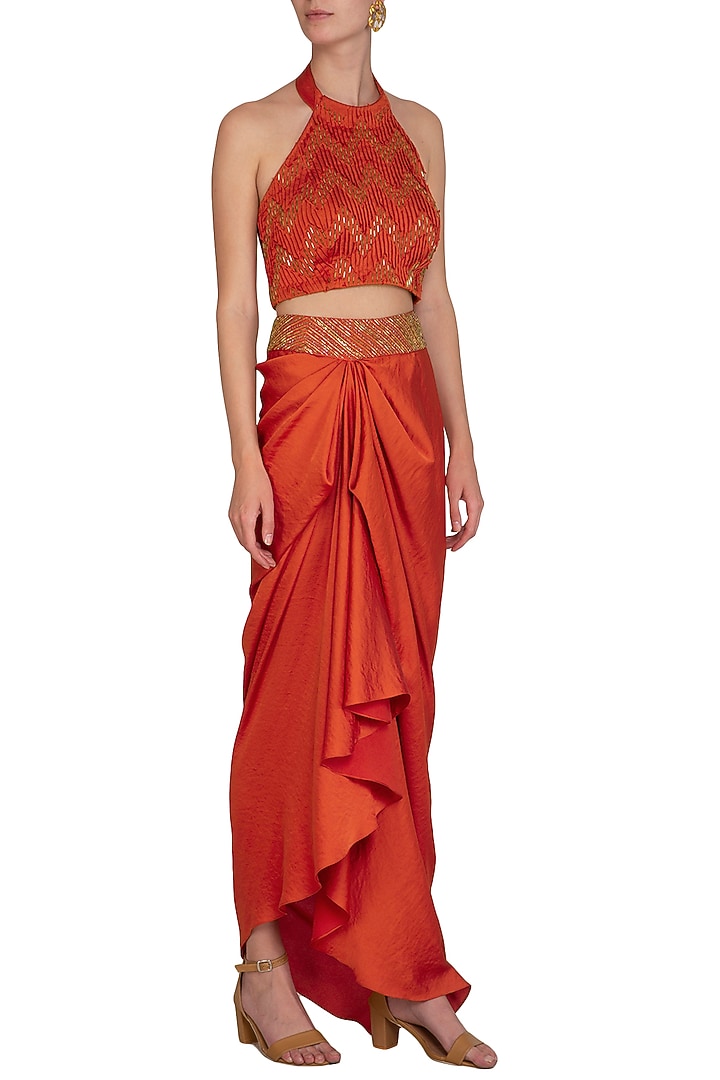 Tangerine Orange Embroidered Crop Top With Drape Skirt & Belt by Show Shaa at Pernia's Pop Up Shop