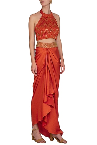 Tangerine Orange Embroidered Crop Top With Drape Skirt & Belt by Show Shaa