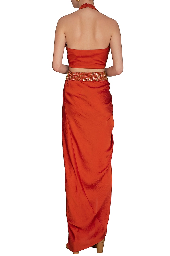 Tangerine Orange Embroidered Crop Top With Drape Skirt & Belt by Show Shaa at Pernia's Pop Up Shop