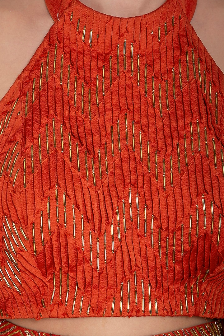 Tangerine Orange Embroidered Crop Top With Drape Skirt & Belt by Show Shaa at Pernia's Pop Up Shop