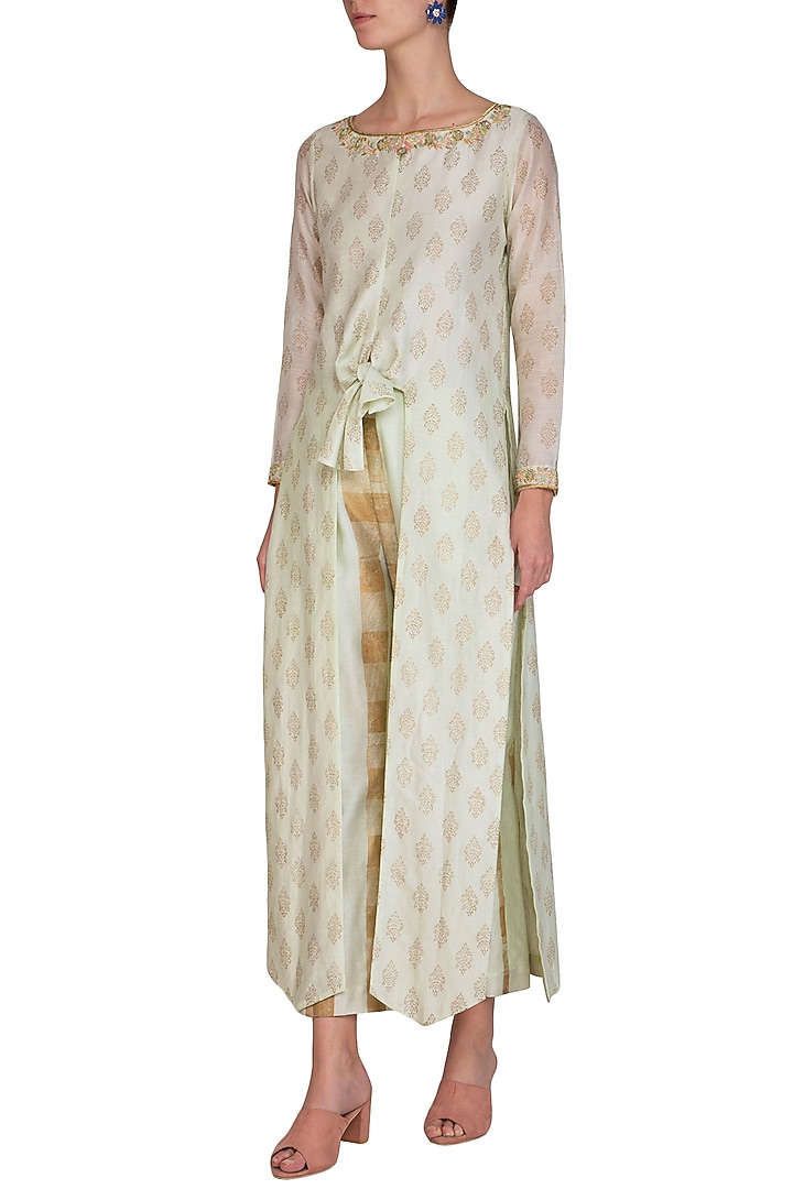 Mint Embroidered Tunic With Block Printed Pants by Show Shaa at Pernia's Pop Up Shop