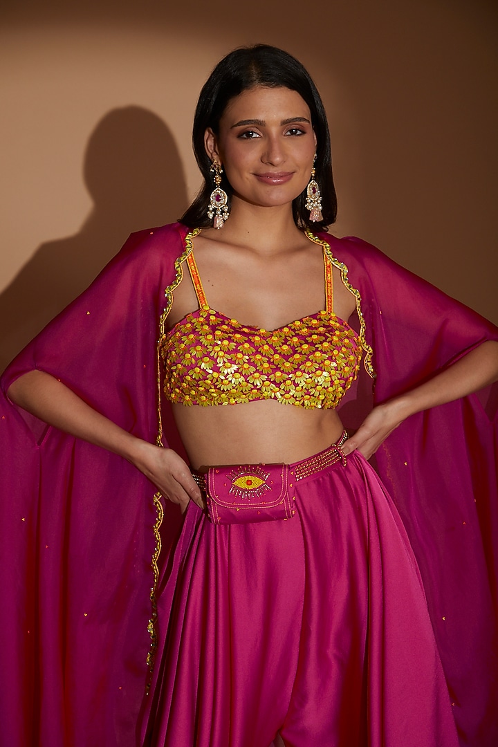 Hot Pink Satin Organza Cape Set by Show Shaa at Pernia's Pop Up Shop