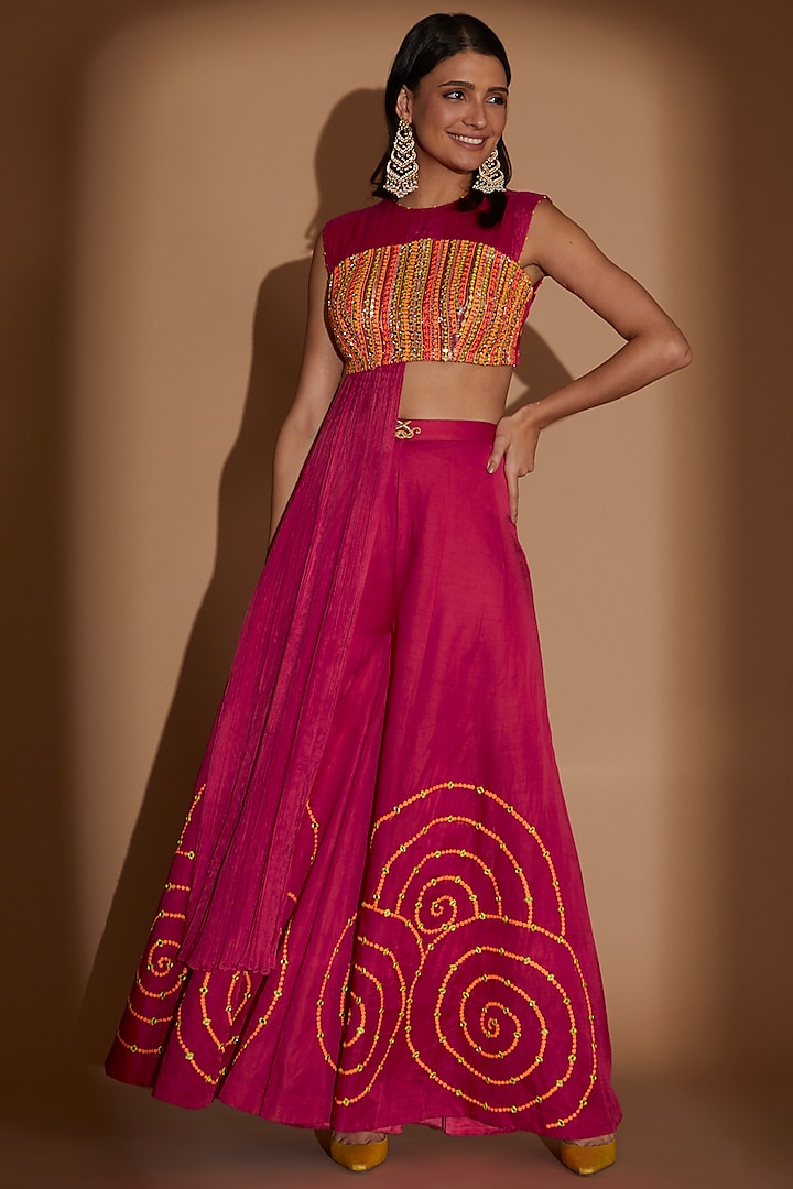 Hot Pink Linen Satin Embroidered Sharara Set by Show Shaa