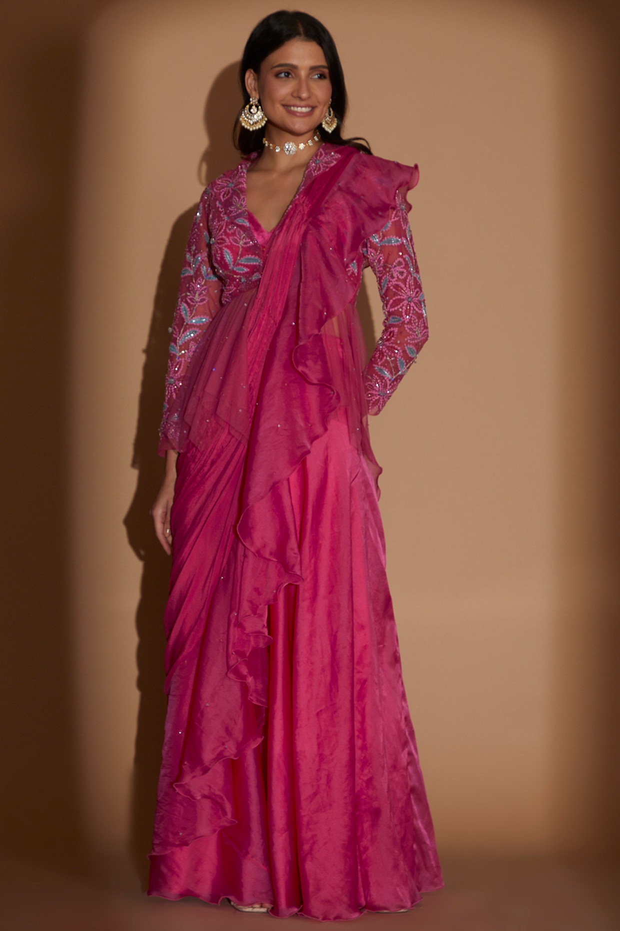 Hot Pink Embroidered Choli With Silver Saree