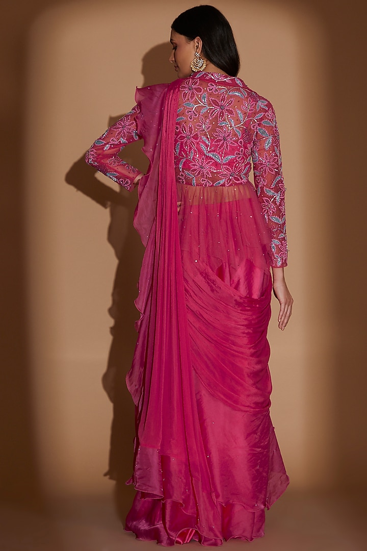 Hot Pink Soft Net & Chiffon Embroidered Drape Saree Set Design by