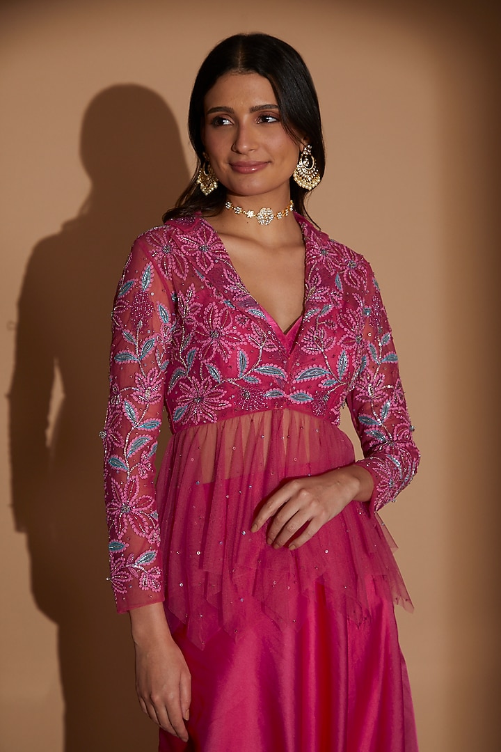 Hot Pink Soft Net & Chiffon Embroidered Drape Wedding Saree Set by Show Shaa at Pernia's Pop Up Shop