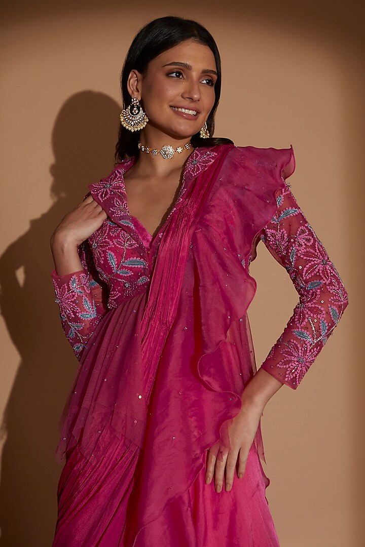 Hot Pink Soft Net & Chiffon Embroidered Drape Saree Set Design by