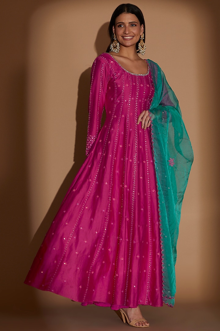 Hot Pink Chanderi Embroidered Anarkali Set by Show Shaa
