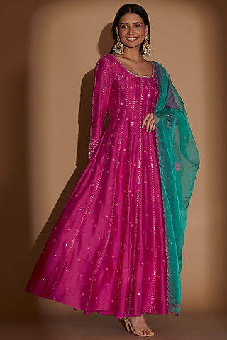 Hot Pink Chanderi Embroidered Anarkali Set by Show Shaa