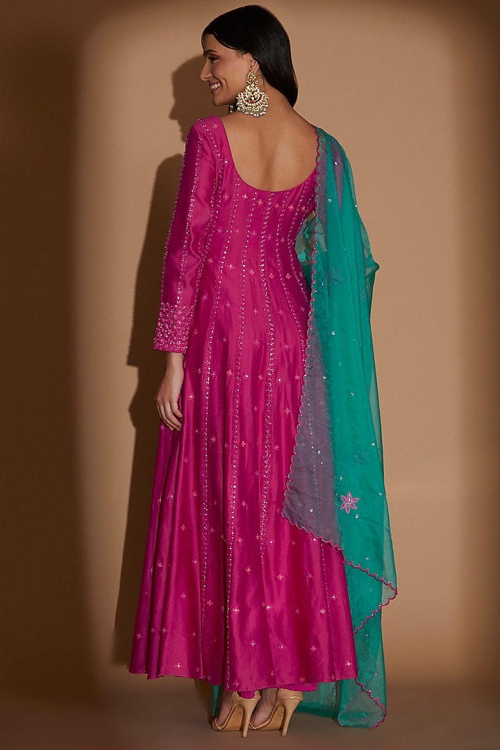 Hot Pink Chanderi Embroidered Party Wear Anarkali Set by Show Shaa at Pernia's Pop Up Shop
