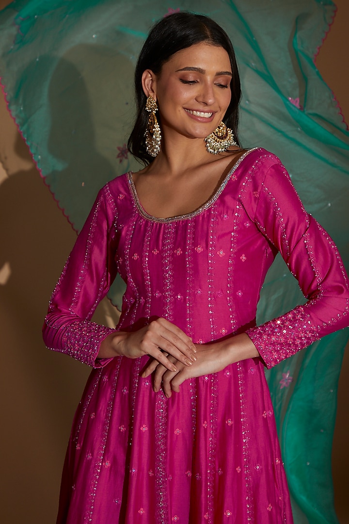 Hot Pink Chanderi Embroidered Party Wear Anarkali Set by Show Shaa at Pernia's Pop Up Shop