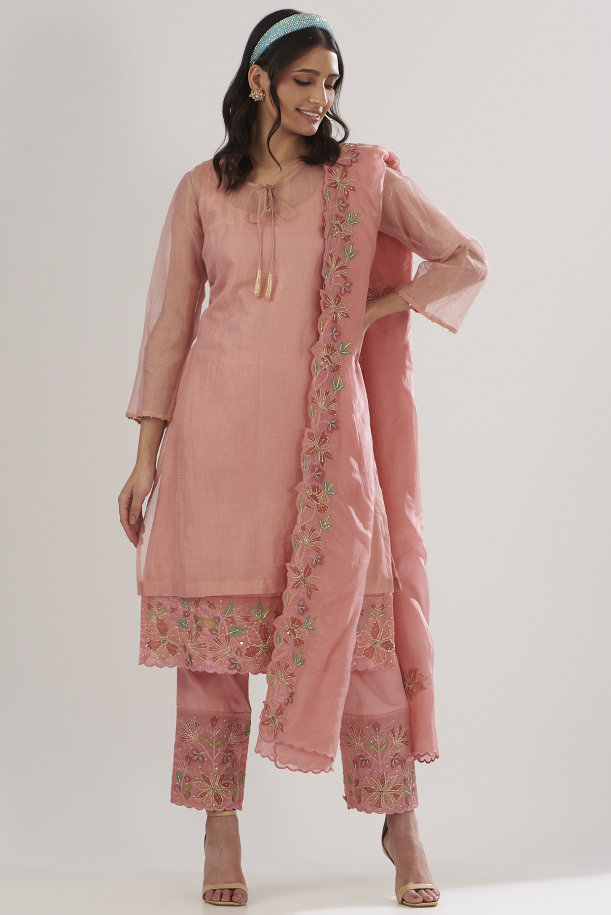 Peach Organza Hand Embroidered Dupatta by Show Shaa