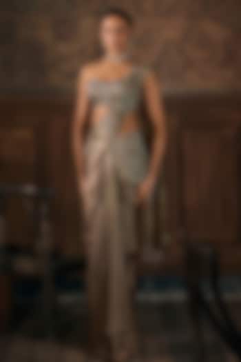 Sage Green Satin Floral Applique Embroidered Pre-Draped Wedding Saree Set by Show Shaa at Pernia's Pop Up Shop