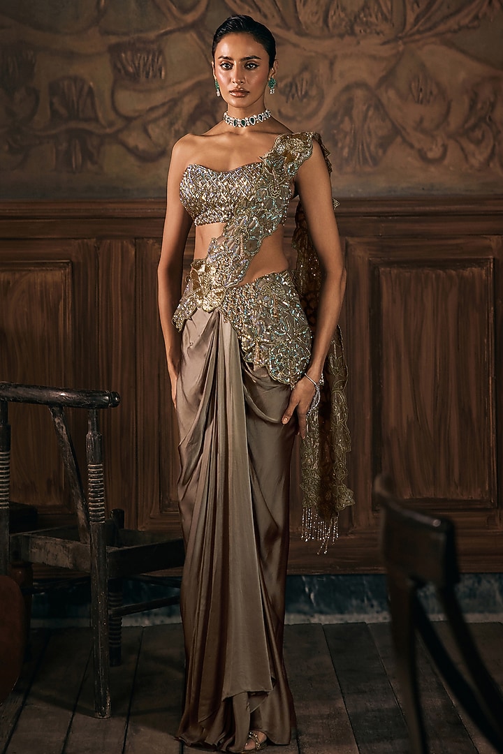 Sage Green Satin Floral Applique Embroidered Pre-Draped Wedding Saree Set by Show Shaa at Pernia's Pop Up Shop