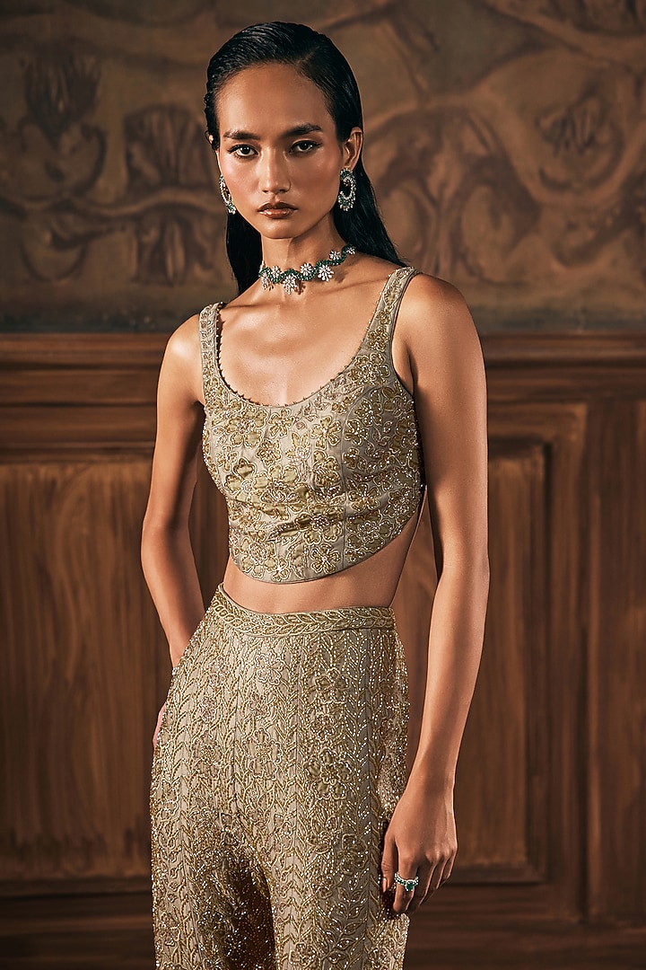 Sage Green Chanderi Silk Hand Embroidered Co-Ord Set by Show Shaa at Pernia's Pop Up Shop