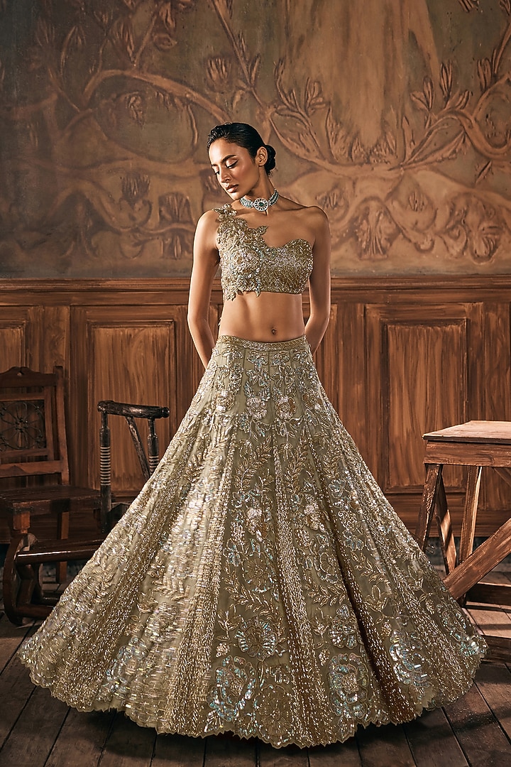 Sage Green Organza & Net Hand Embroidered Bridal Lehenga Set by Show Shaa at Pernia's Pop Up Shop