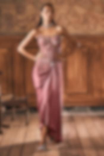 Dusty Rose Pink Satin Draped Skirt Set by Show Shaa at Pernia's Pop Up Shop