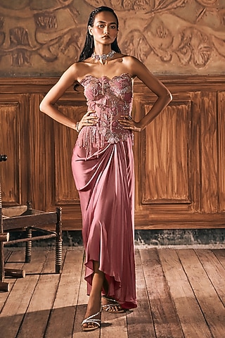 Dusty Rose Pink Satin Draped Skirt Set by Show Shaa