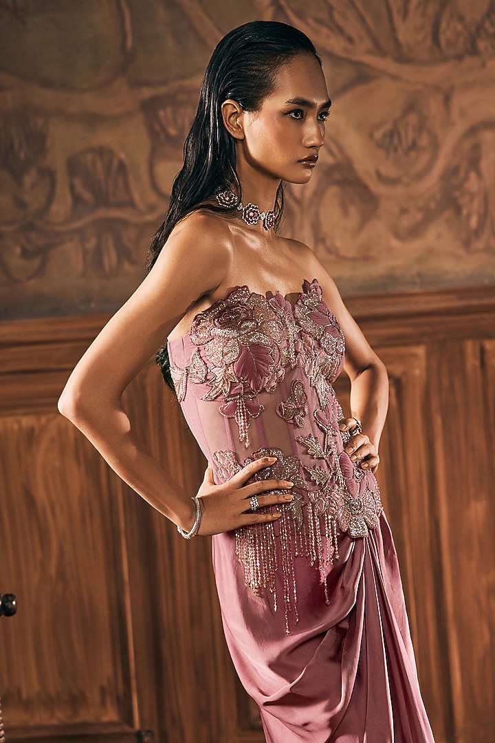 Dusty Rose Pink Satin Draped Skirt Set by Show Shaa at Pernia's Pop Up Shop