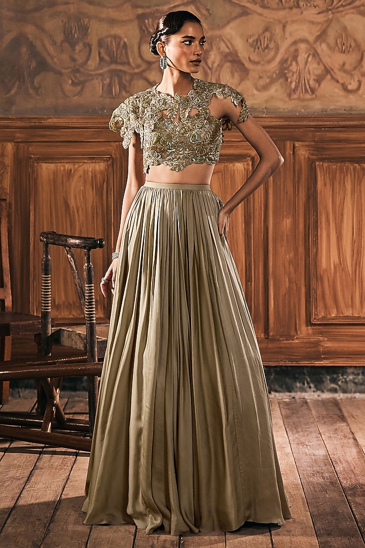 Sage Green Satin Skirt Set by Show Shaa at Pernia's Pop Up Shop